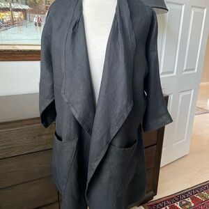 Elizabeth Susann Coat Jacket Sz OSM 100% Linen Kimono Black Sewn by Samar USA